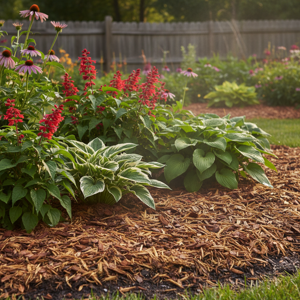 A vibrant garden bed with a thick layer of wood chips acting as mulch around healthy plants, illustrating moisture retention.